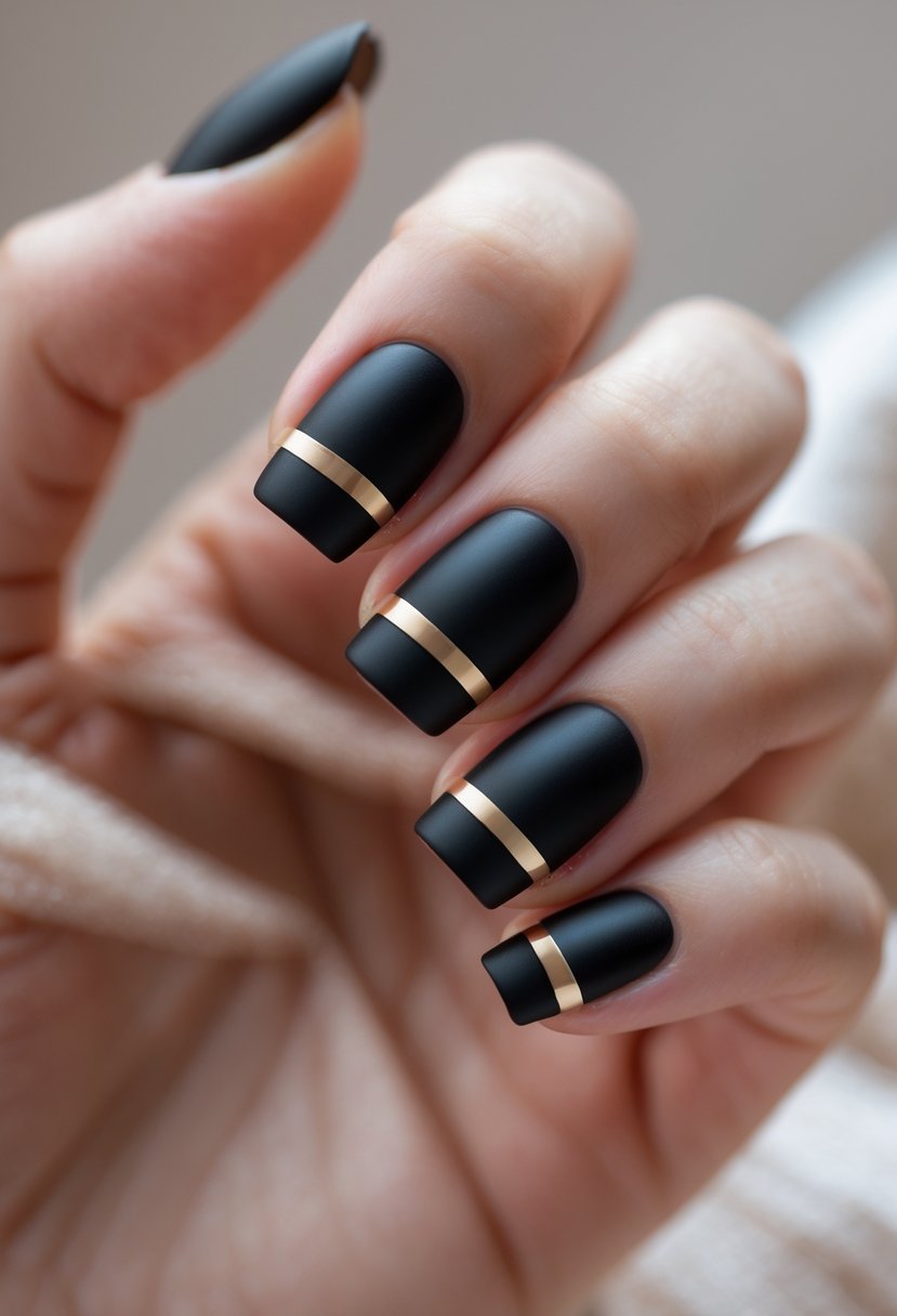 Close-up of a hand with short black nails featuring glossy striped designs.