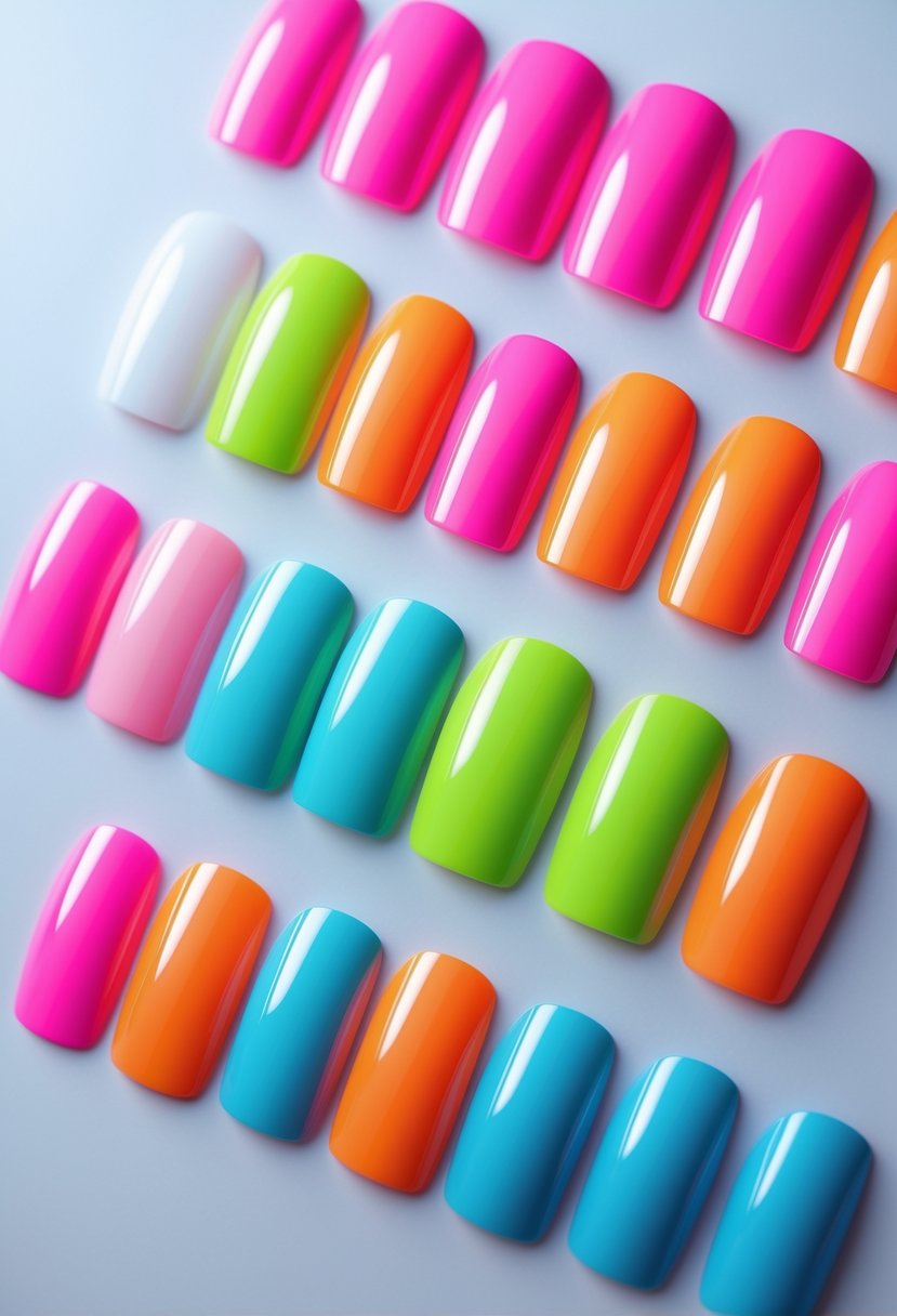 Close-up of twenty short squared-edge nails painted in bright neon colors arranged neatly against a plain background.