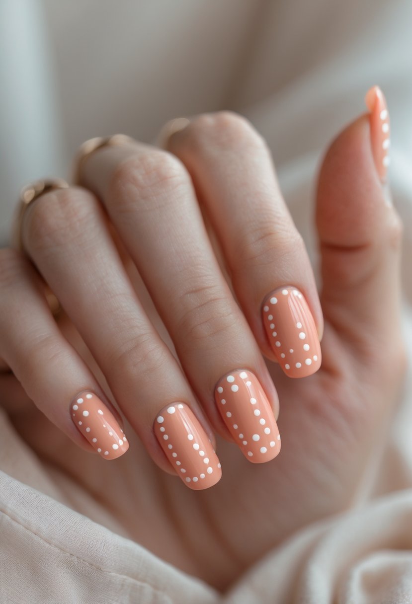Close-up of hands with short nails painted creamy coral with white dots on each nail.