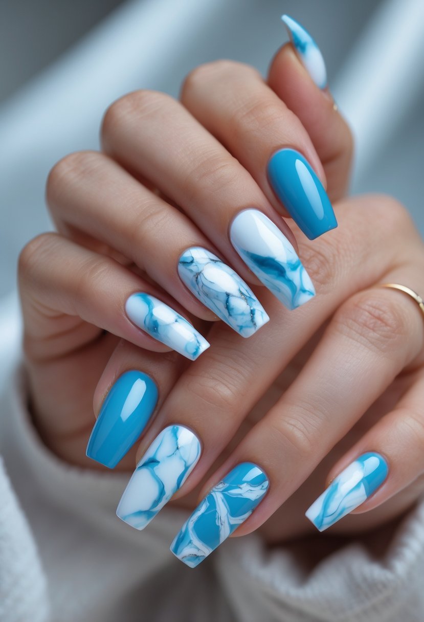 Close-up of a hand with blue and white marble patterned nails against a neutral background.