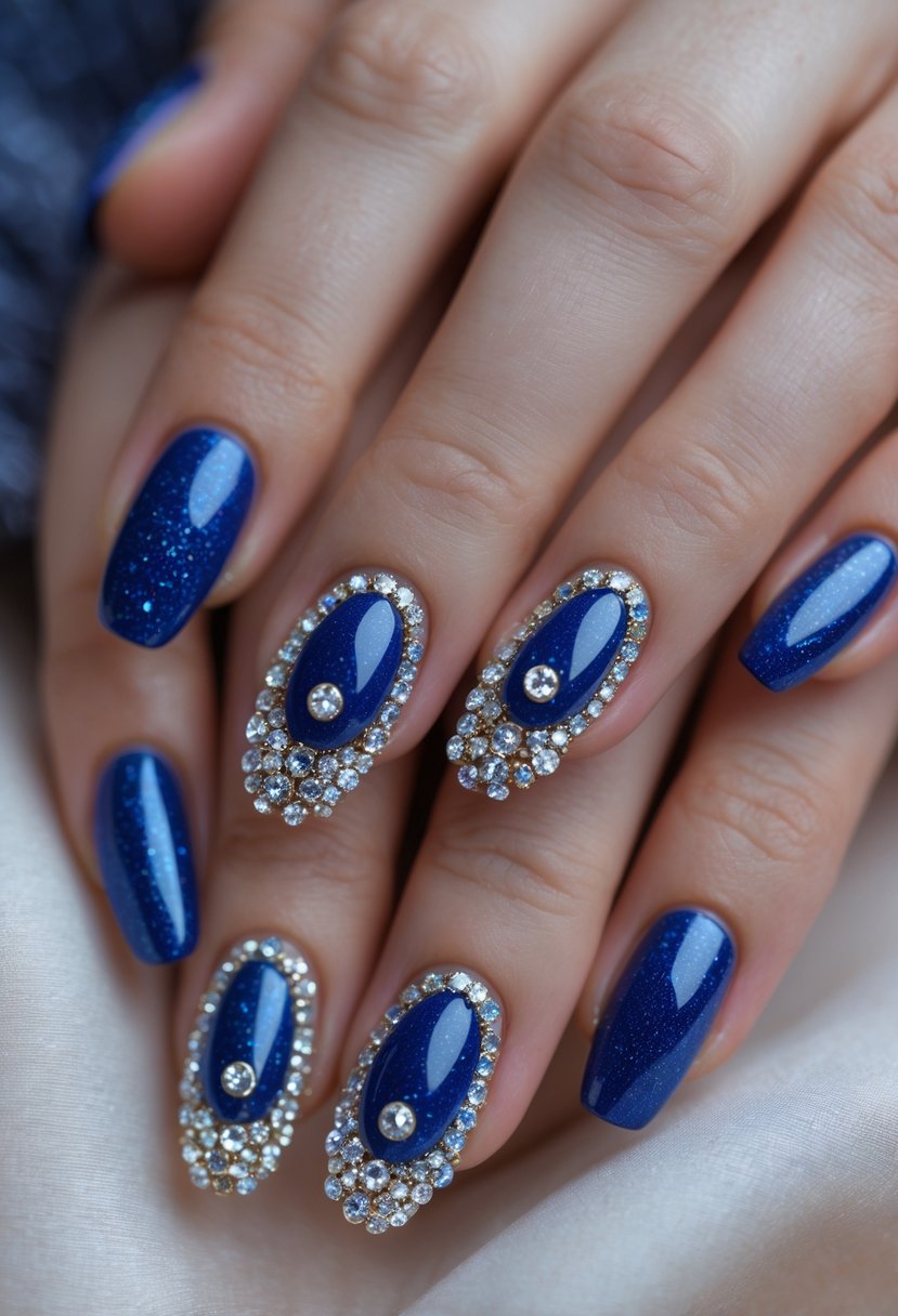 Close-up of hands with blue nails decorated with rhinestones.