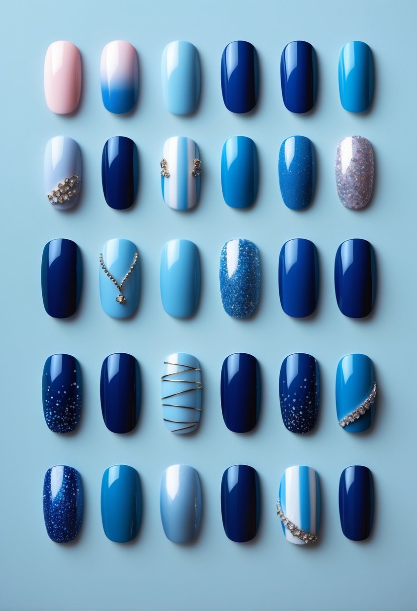 Twenty blue nail designs displayed on a soft blue background.