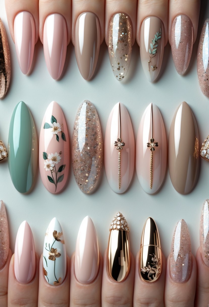 Twenty almond-shaped nails displayed with various elegant designs on a clean background.
