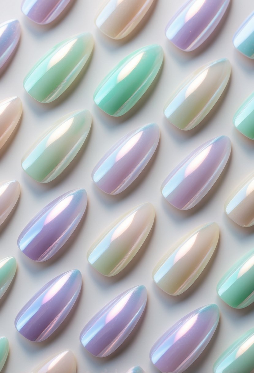 Close-up of twenty almond-shaped nails with iridescent pastel colors arranged neatly on a clean background.