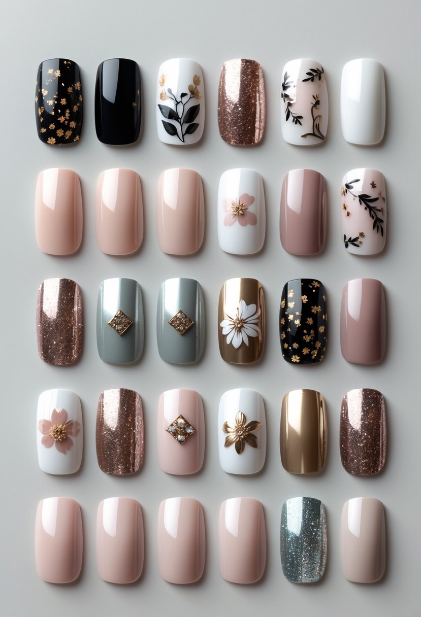 Twenty short square nails arranged in rows showing different colorful and decorative nail designs on a plain background.