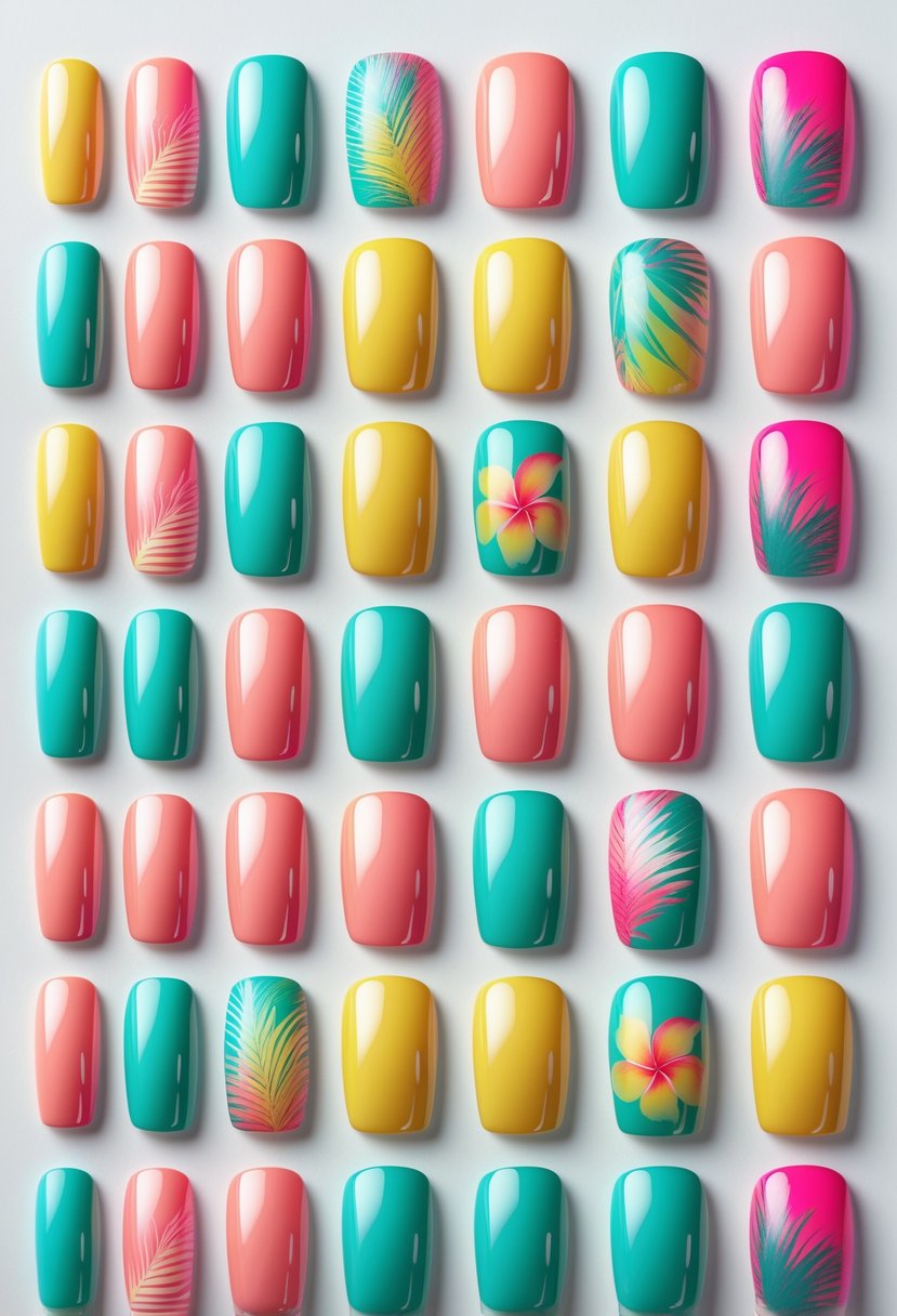 Twenty short square nails arranged in a grid, each painted with colorful tropical gradient designs on a white background.