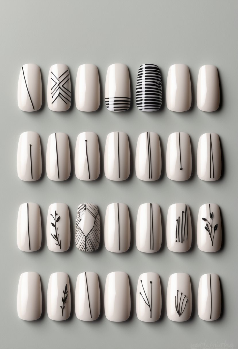 A set of 20 short square-shaped nails with simple black line designs arranged in a neat grid on a neutral background.