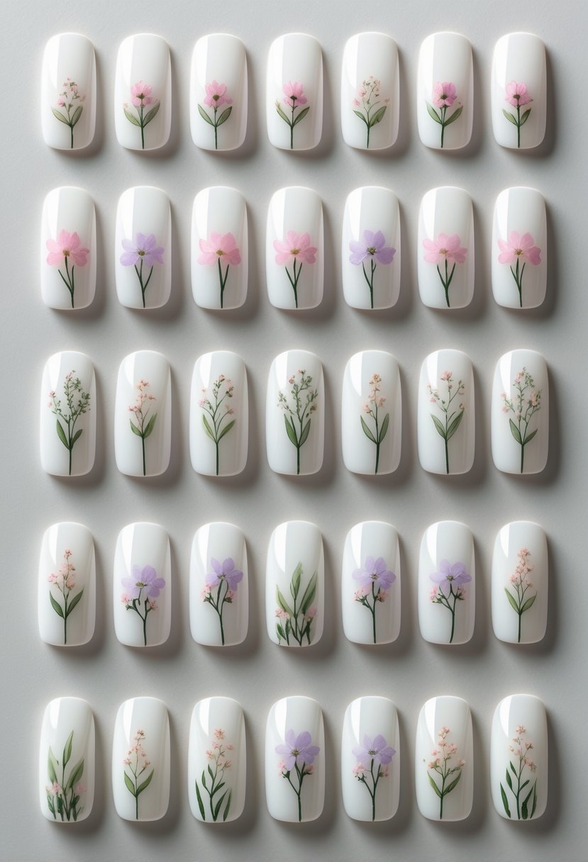 Twenty short square nails with white bases and delicate floral designs on the tips arranged neatly on a neutral background.