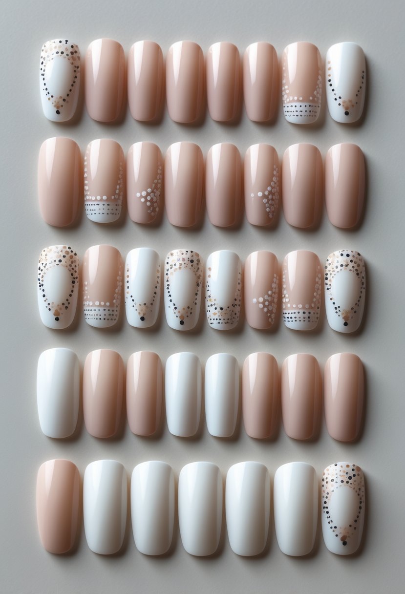 Twenty short square nails with minimalist designs featuring negative space and small dot patterns arranged neatly on a plain background.