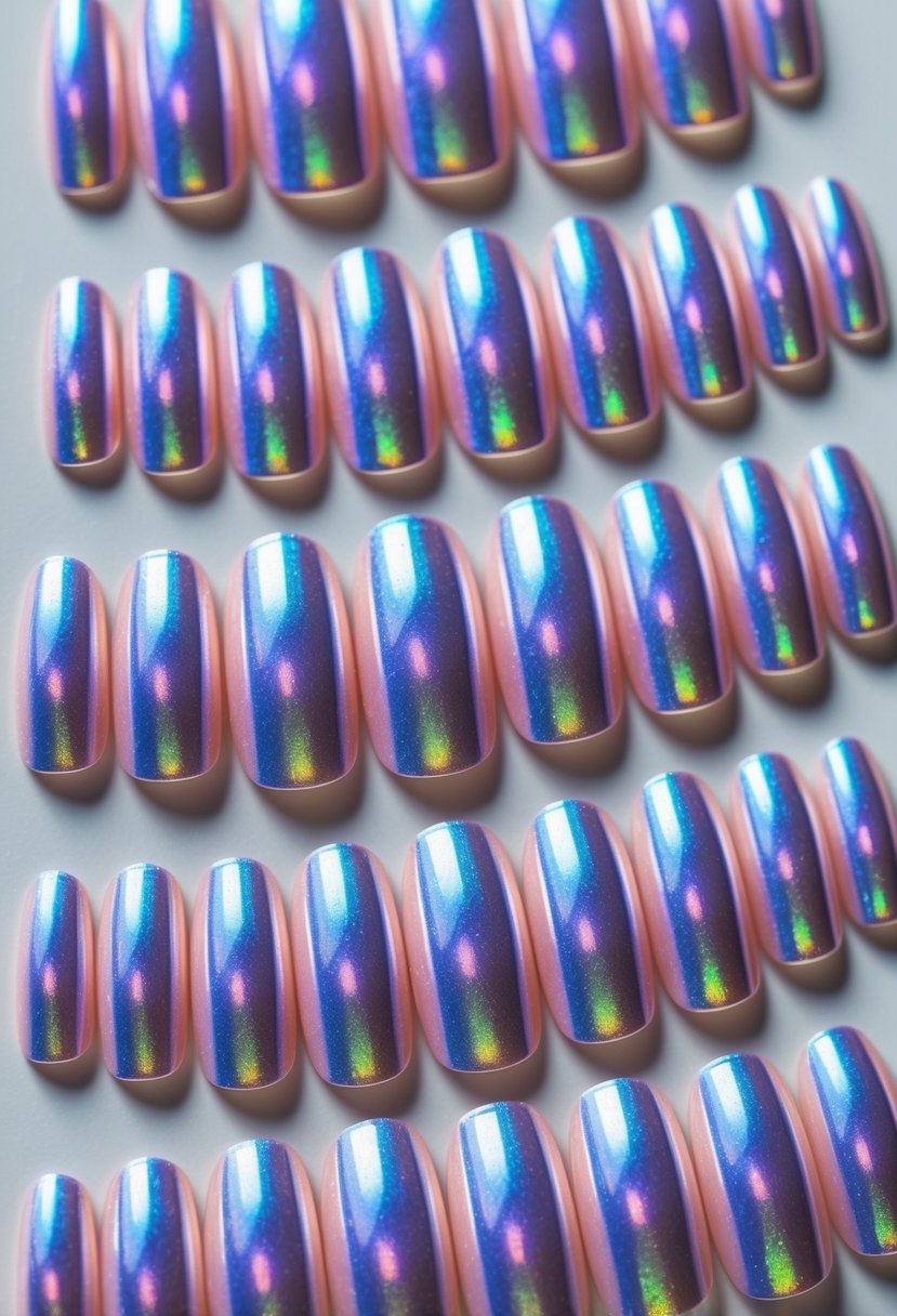 A display of 20 short, square-shaped nails with shiny holographic designs in various iridescent colors on a plain background.