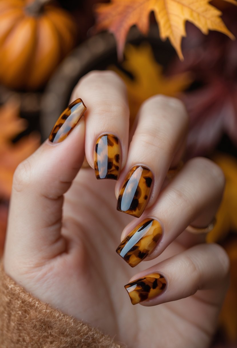 Close-up of a hand with tortoiseshell tip nail art against a blurred autumn leaf background.