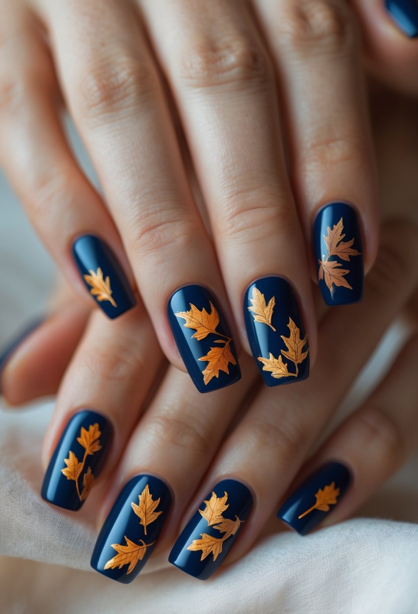 Close-up of hands with navy blue nails decorated with autumn leaf designs.
