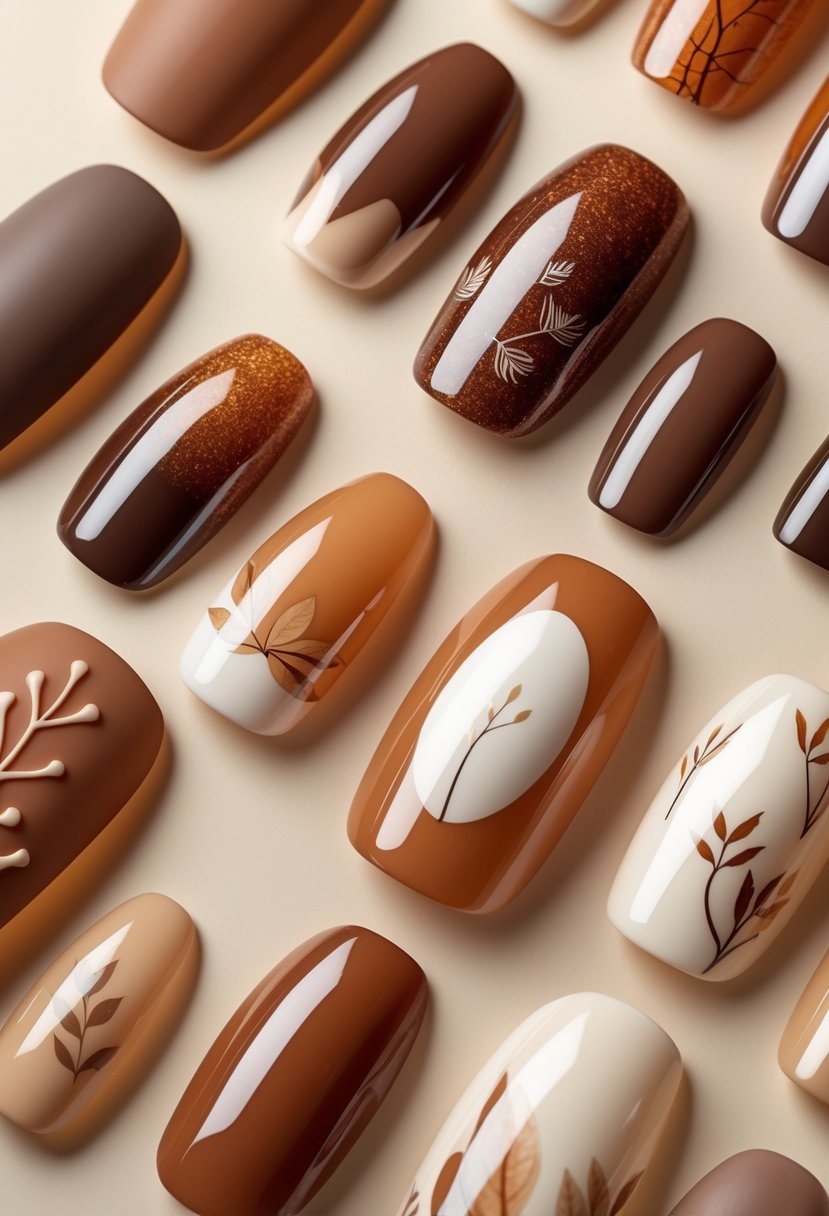 Close-up view of twenty manicured hands with fall-themed nail designs arranged on a soft beige background.