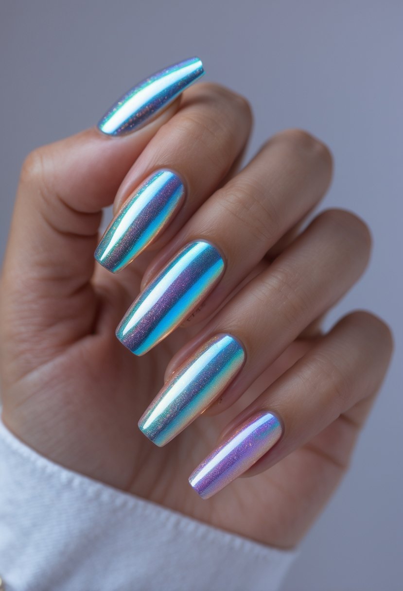 Close-up of a hand with 20 iridescent chrome nails in different designs and colors.