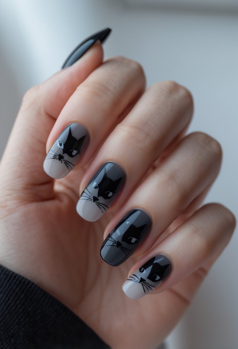 A close-up of a hand with black cat-themed nail art designs on each nail.