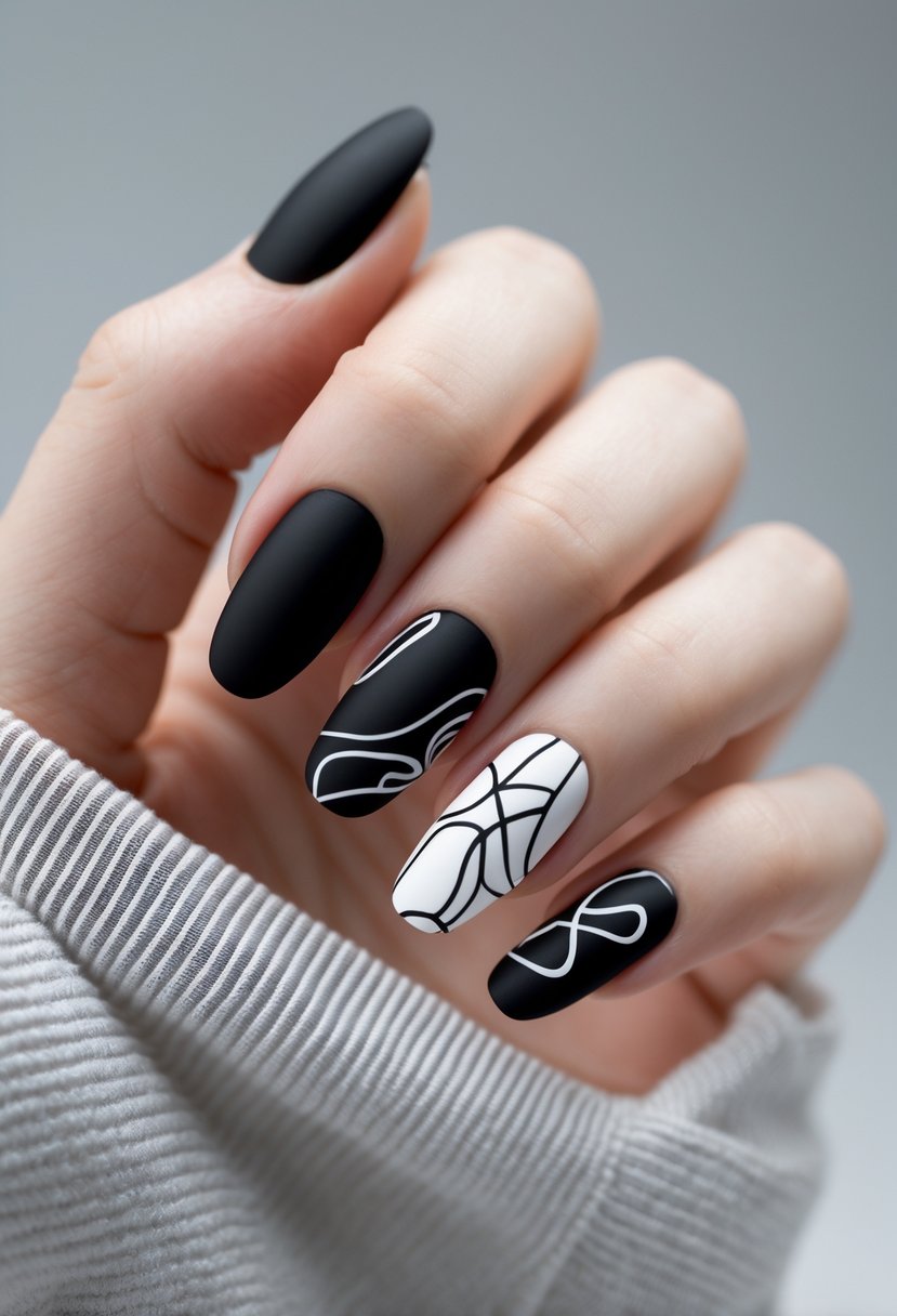 Close-up of a hand with black matte nails, each nail featuring a different simple black line design.