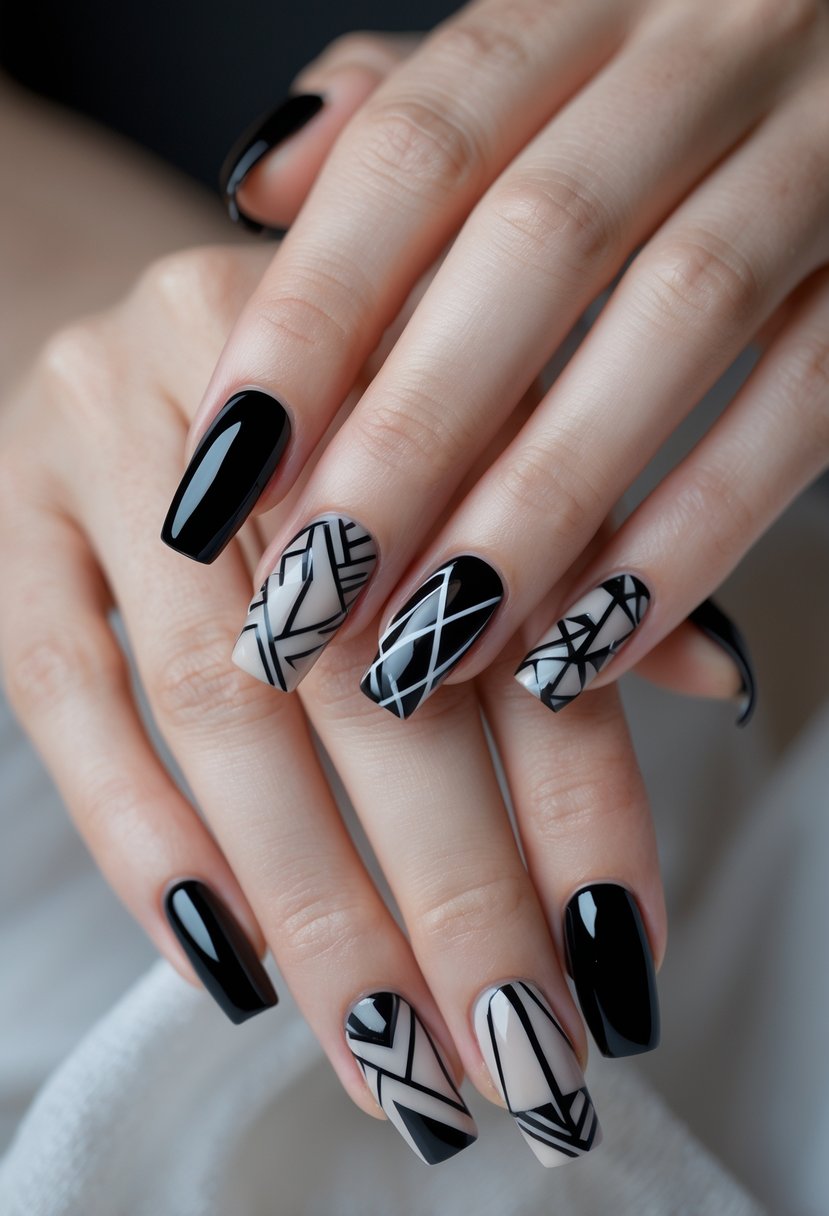 Close-up of hands with black nails decorated with various geometric patterns.
