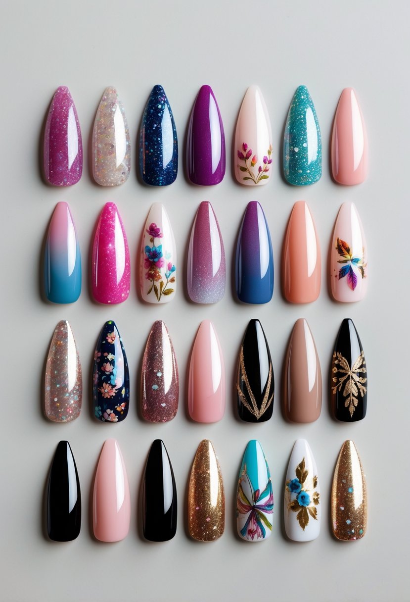 Close-up view of 15 stiletto-shaped nails each with a different colorful and detailed design arranged neatly on a plain background.