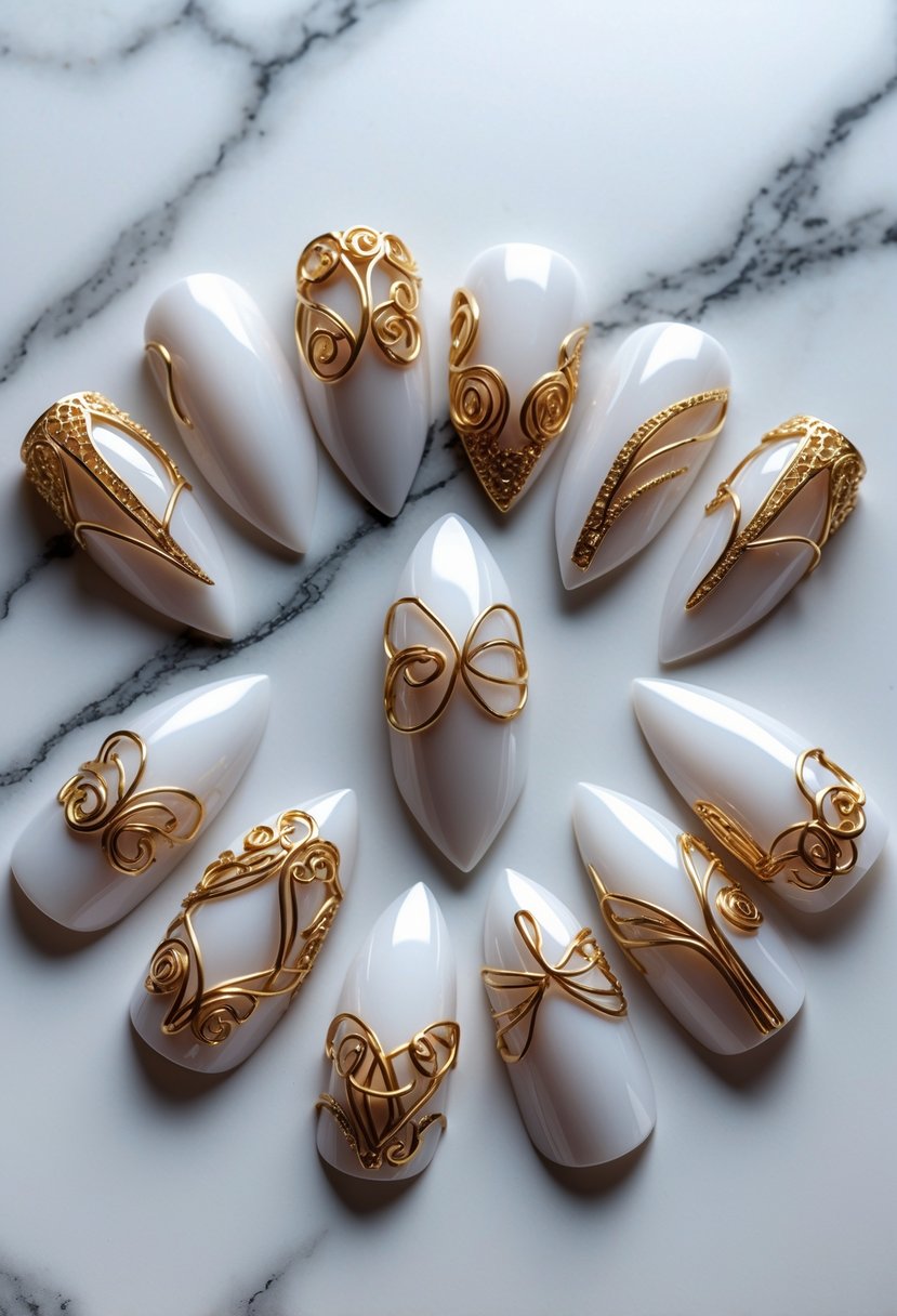 Fifteen stiletto-shaped nails with gold wire designs displayed on a white marble surface.