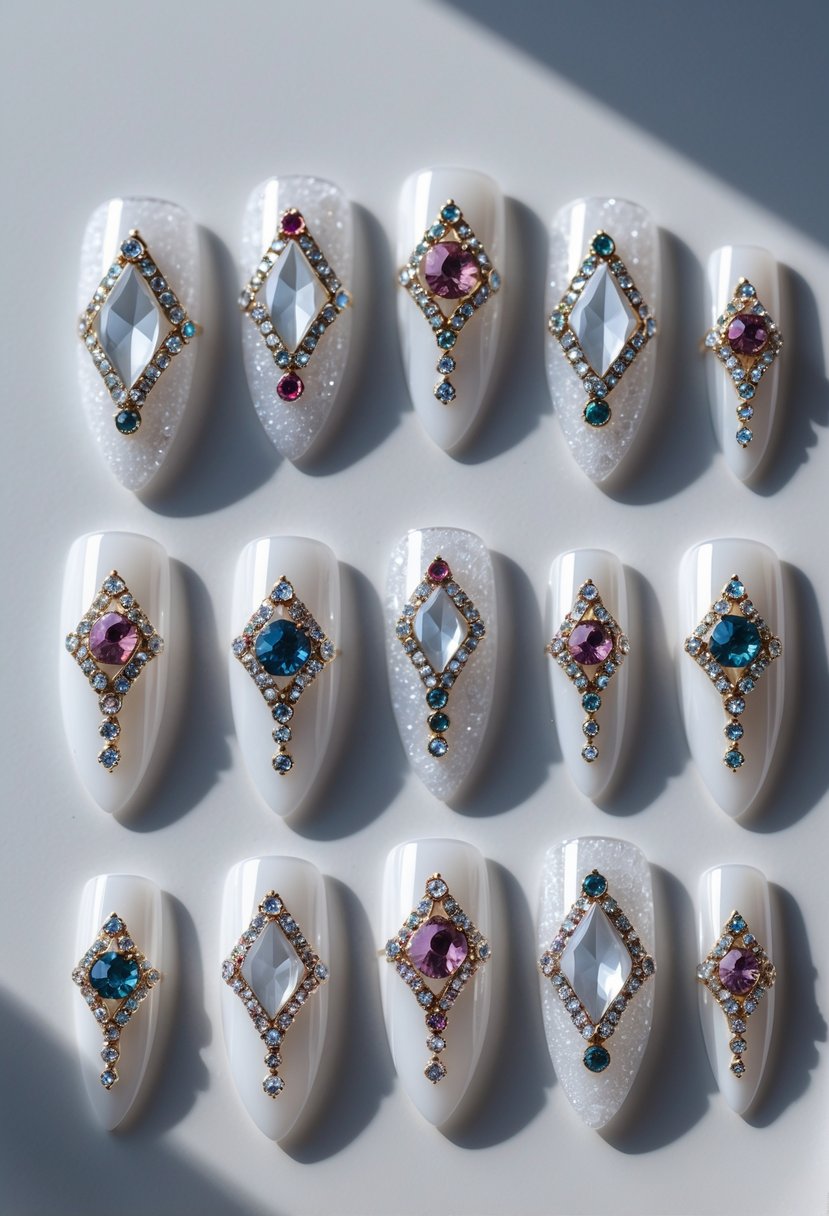 Fifteen clear stiletto nail tips with embedded jewels arranged on a white surface.