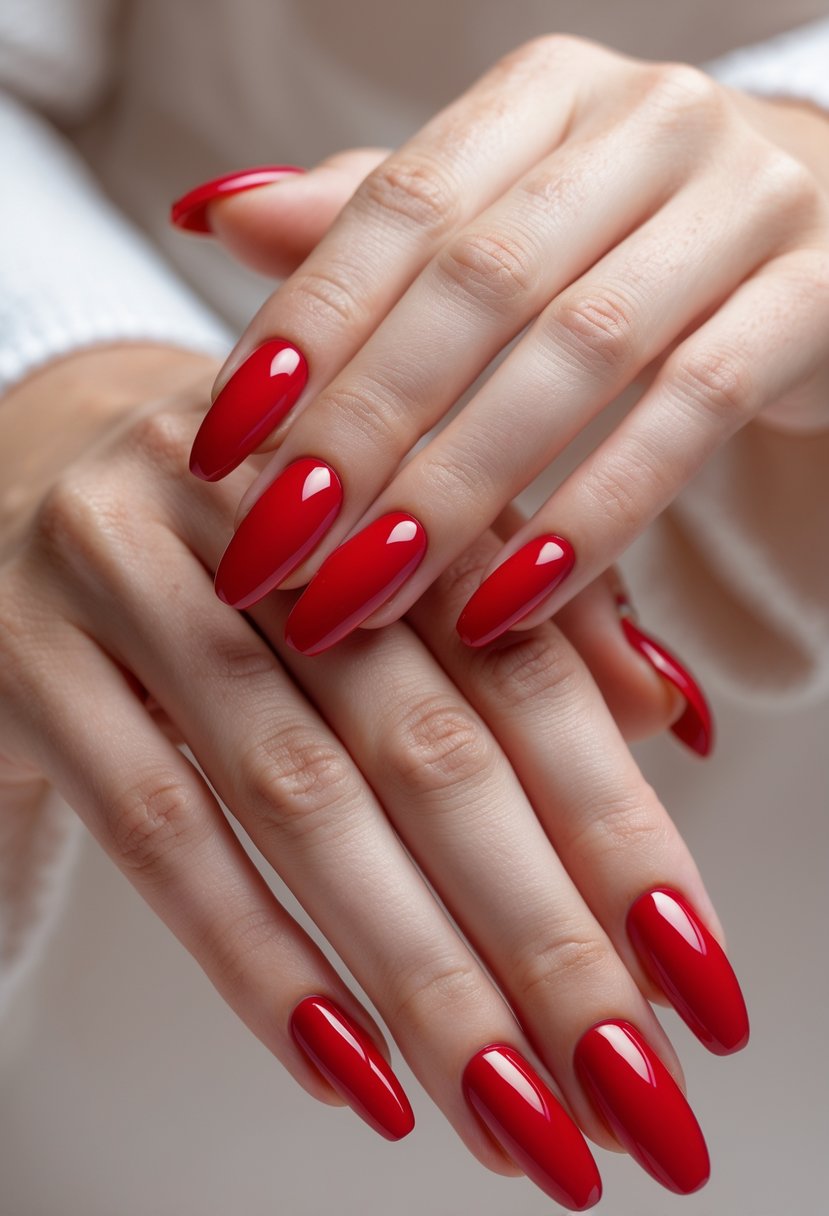Close-up of hands with bold red gel nails against a neutral background.