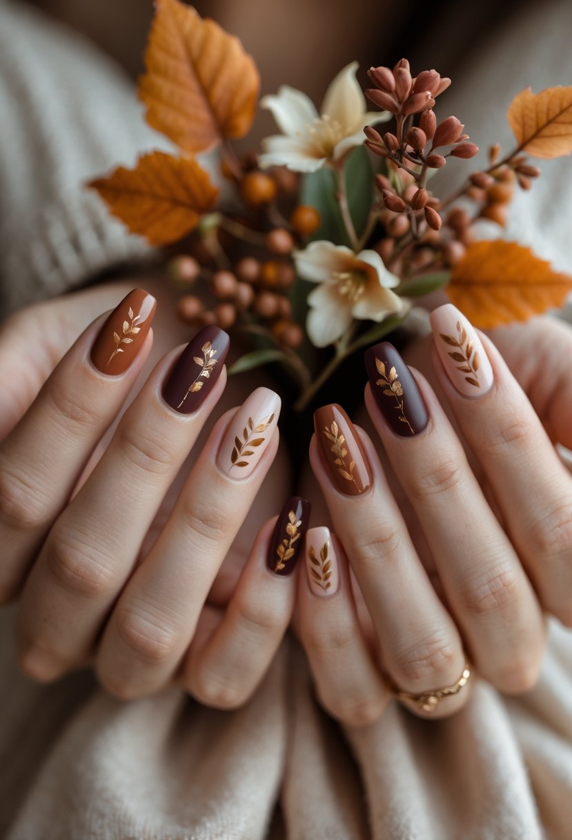 Close-up of hands with autumn-themed nail designs holding a small bouquet of leaves and flowers.