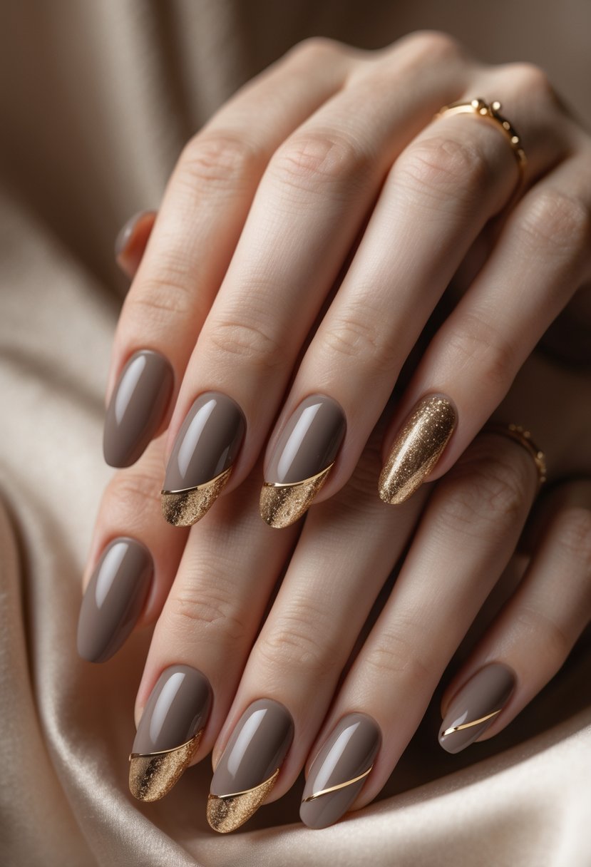 Close-up of hands with nails painted in warm taupe and decorated with gold accents.