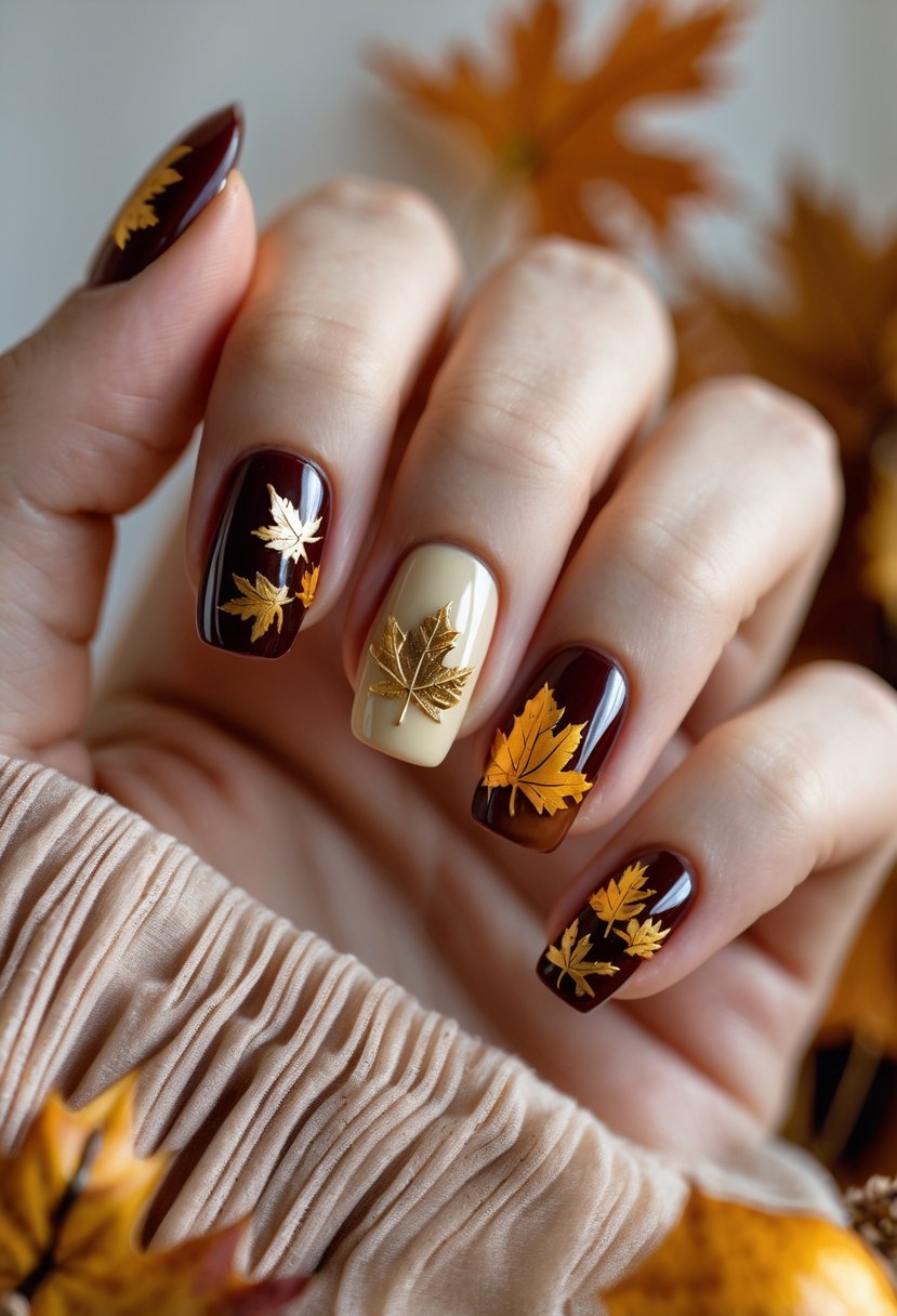 Close-up of a hand with 19 nails decorated with golden leaf designs and fall colors.
