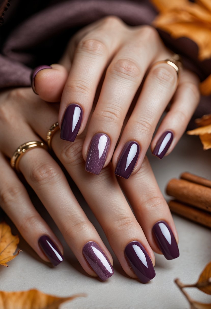 Close-up of manicured hands with plum-colored nails surrounded by autumn leaves and cinnamon sticks.