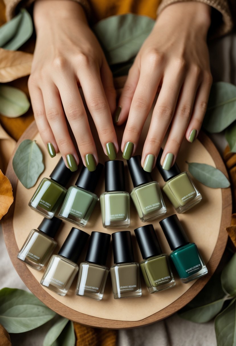 Manicured hands showing 17 different olive green fall nail polish colors with nail polish bottles on an autumn-themed background.