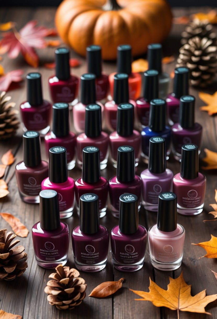 Seventeen bottles of burgundy nail polish arranged on a wooden surface with autumn leaves and pine cones around them.