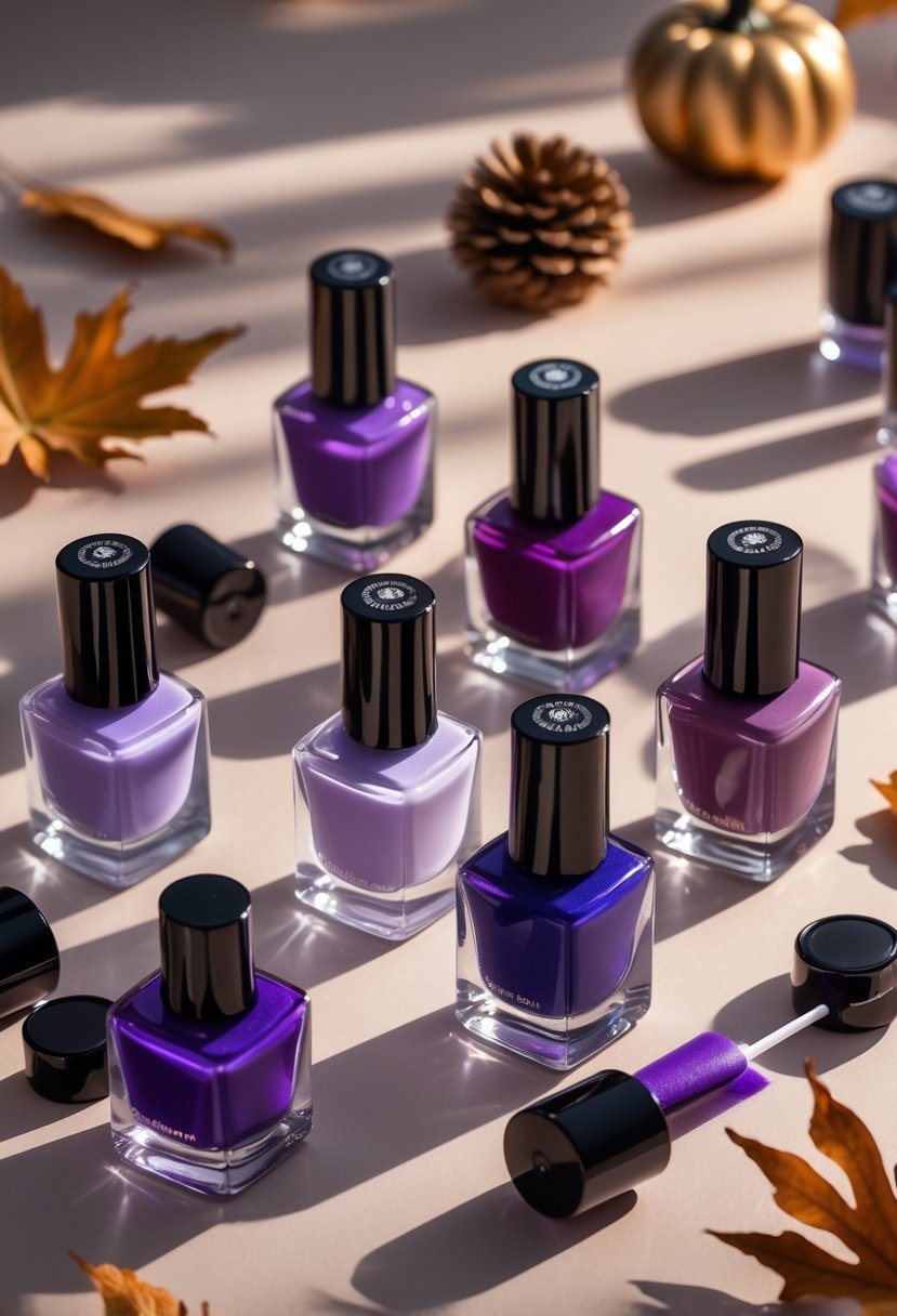 A collection of 17 purple nail polish bottles in various jewel tones arranged on a warm background with autumn leaves.