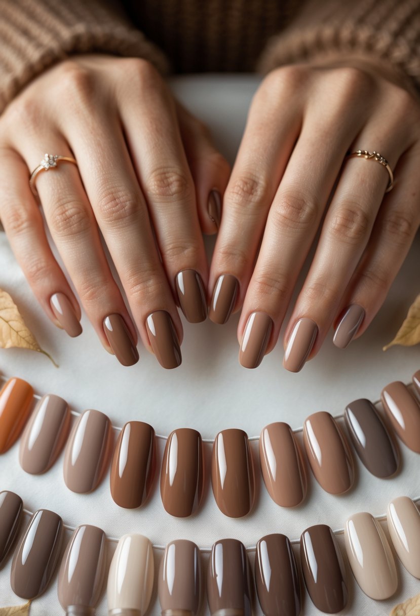 Close-up of hands with nails painted in various warm taupe shades arranged alongside matching nail polish bottles on a neutral background.