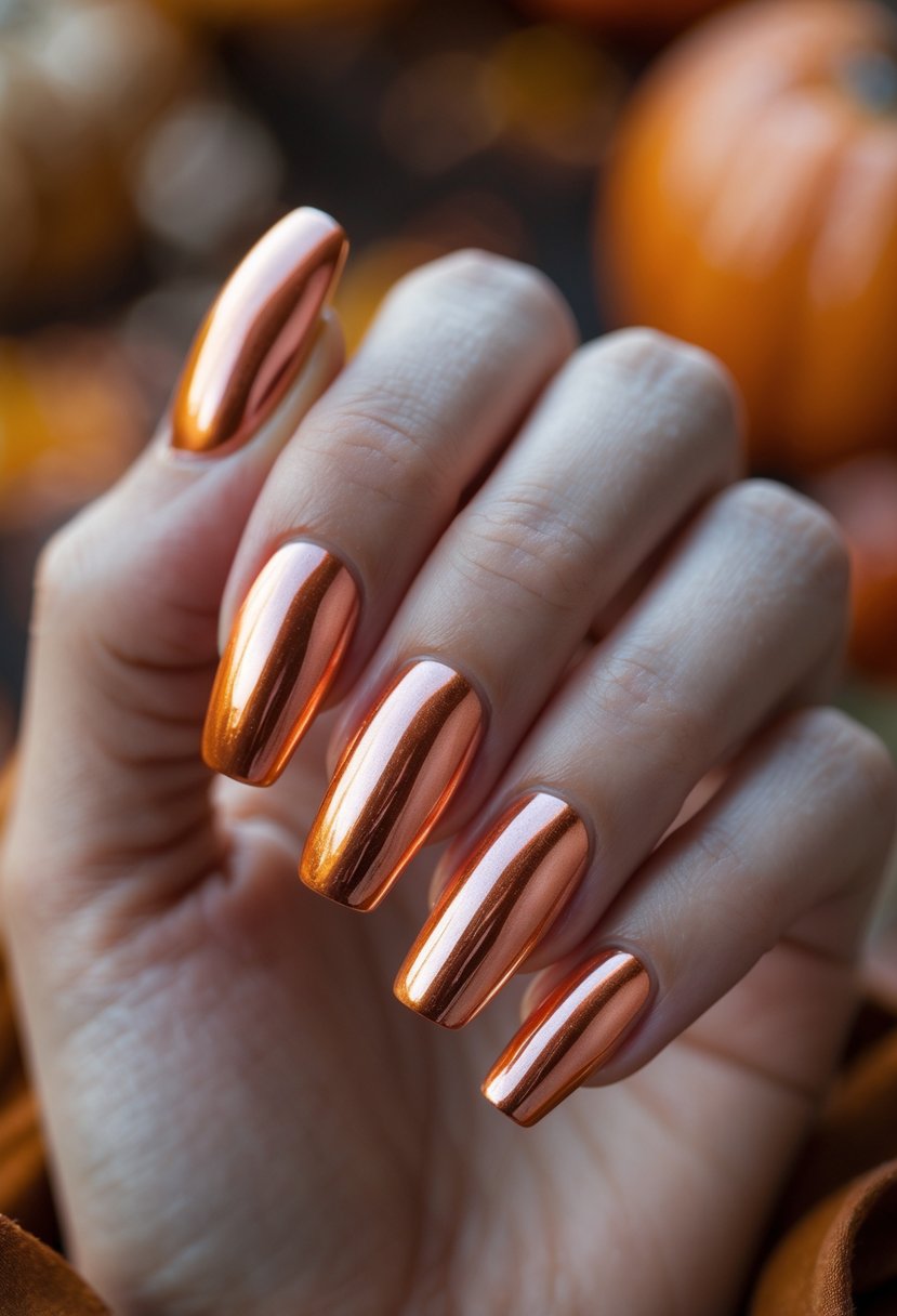 Close-up of a hand with 14 metallic copper-orange chrome polished nails against a blurred autumn-colored background.