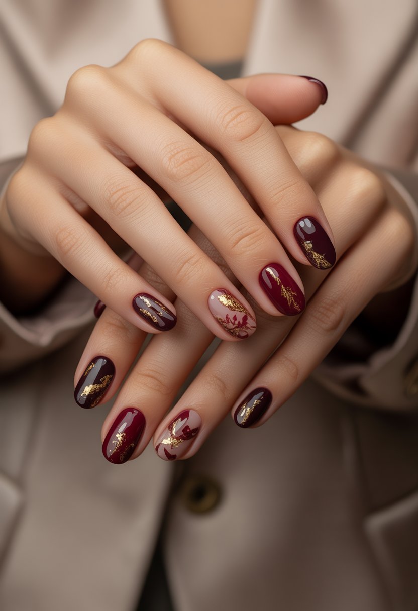 Close-up of hands with deep burgundy nails decorated with gold foil accents.