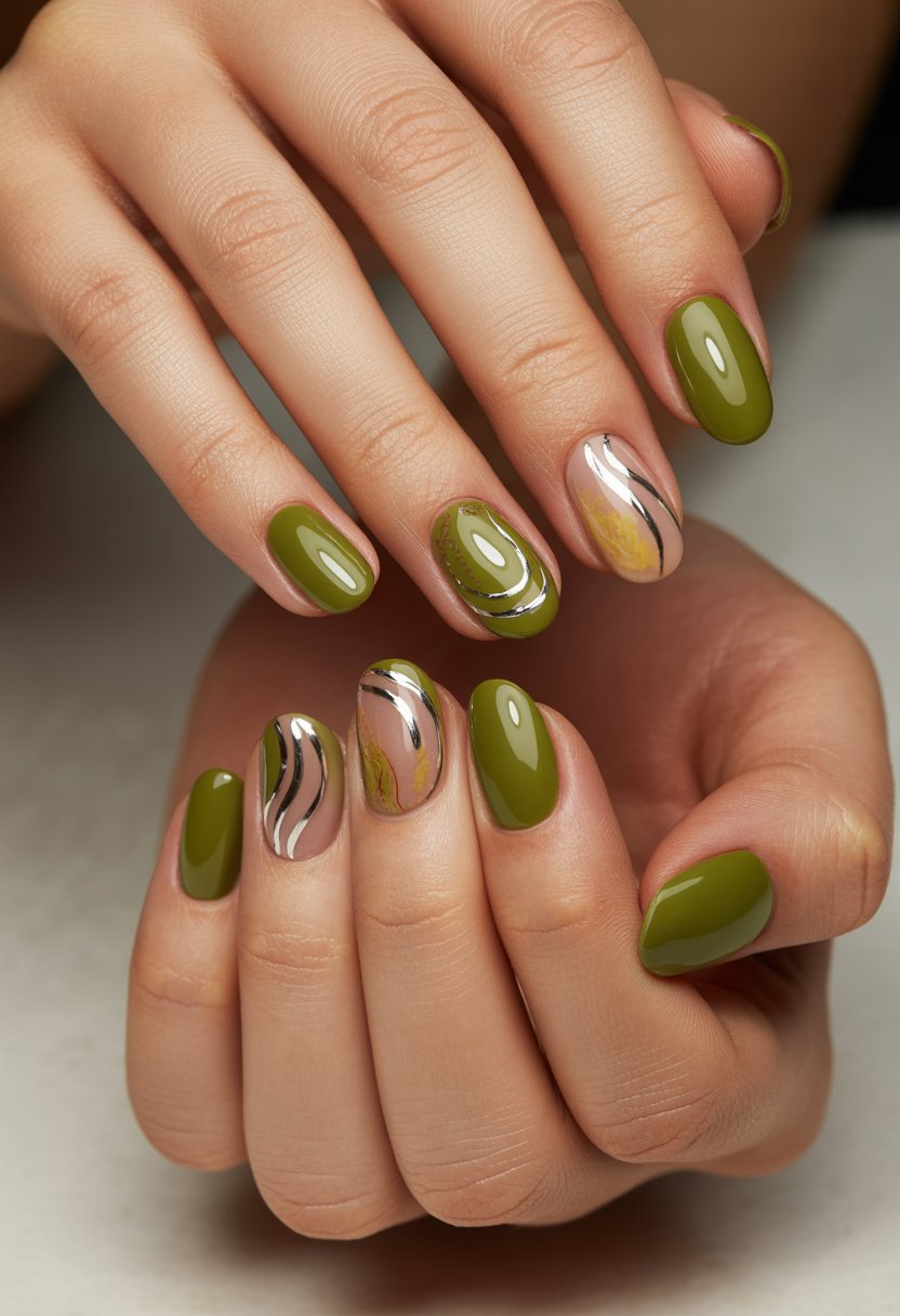 Close-up of hands showing 18 olive green nails with metallic swirl patterns.