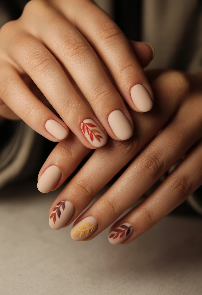 Close-up of hands with nude matte nails decorated with autumn leaf designs.