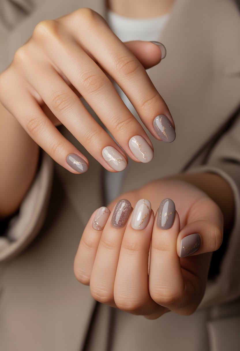 Close-up of hands with muted taupe nails featuring subtle sparkling accents in various fall-inspired designs.