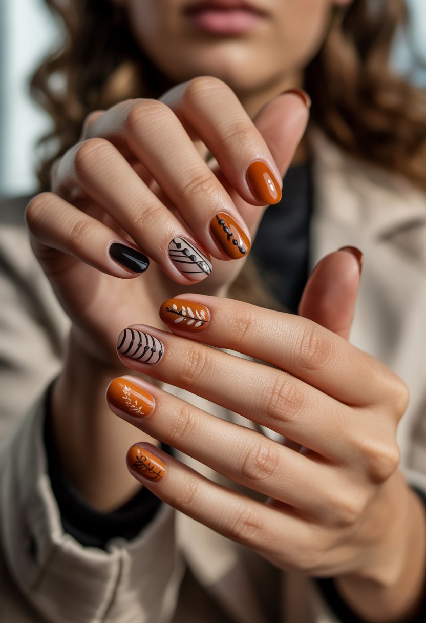Close-up of hands displaying 18 burnt sienna nails with black designs on a neutral background.