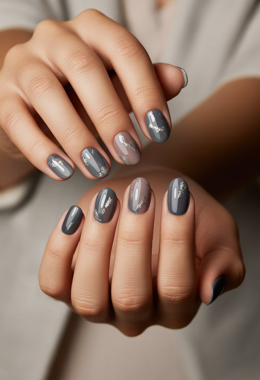 Close-up of hands showing 18 different smoky grey nails with silver flakes on each nail.