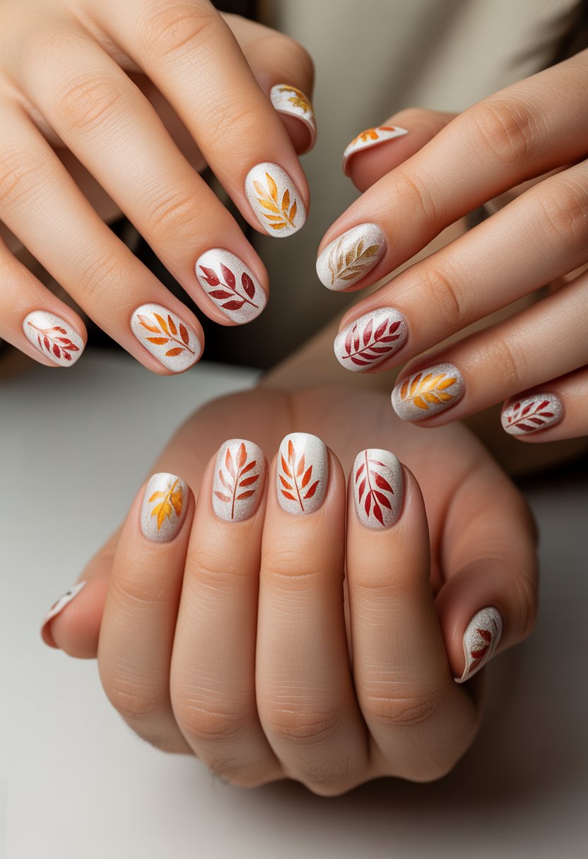 Close-up of hands showing 18 nails with white polish and autumn leaf designs.