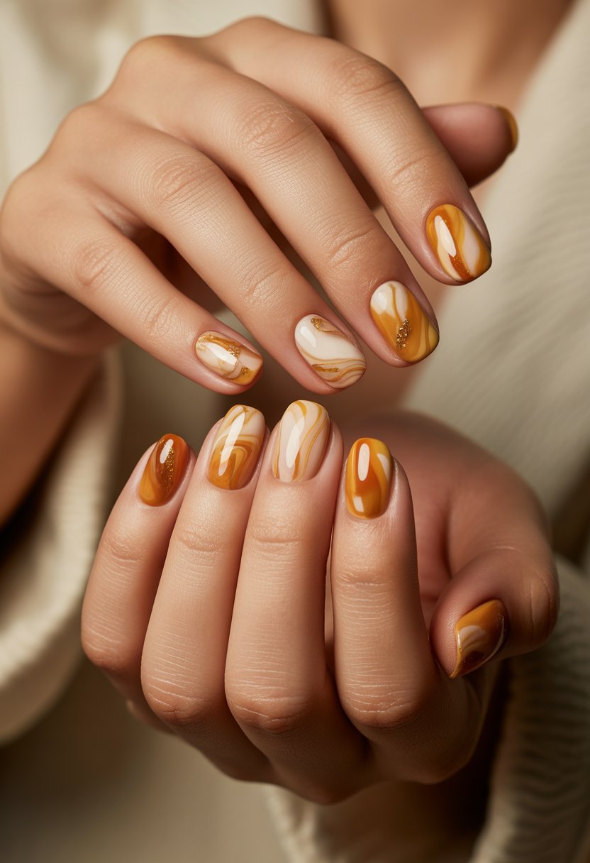 Close-up of hands showing 18 nails with amber and ivory marbled designs in warm fall colors.