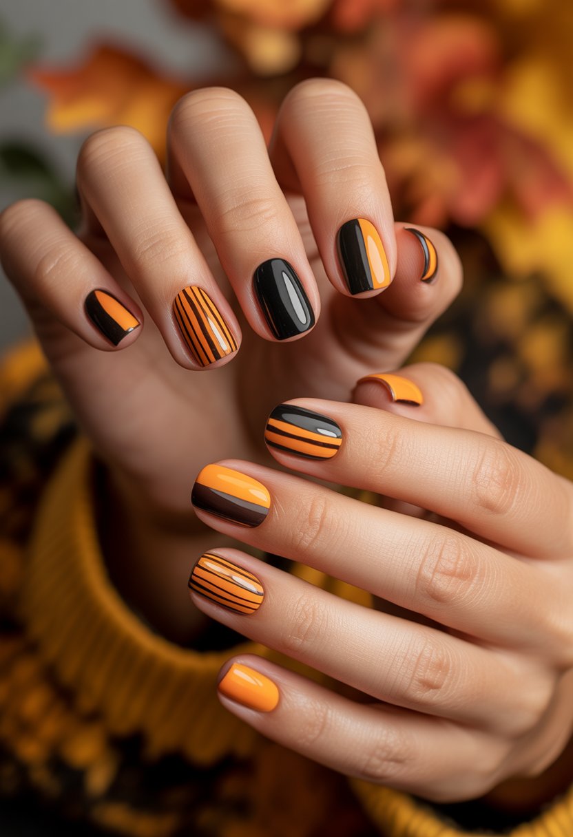 Close-up of hands displaying multiple nails painted with black and orange striped designs.