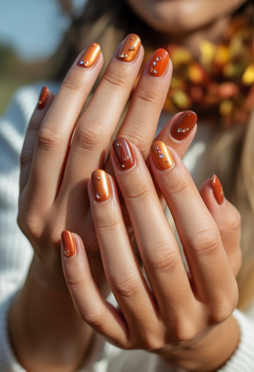 Close-up of hands with copper-colored nails decorated with tiny sparkling gems, set against a warm autumn background.
