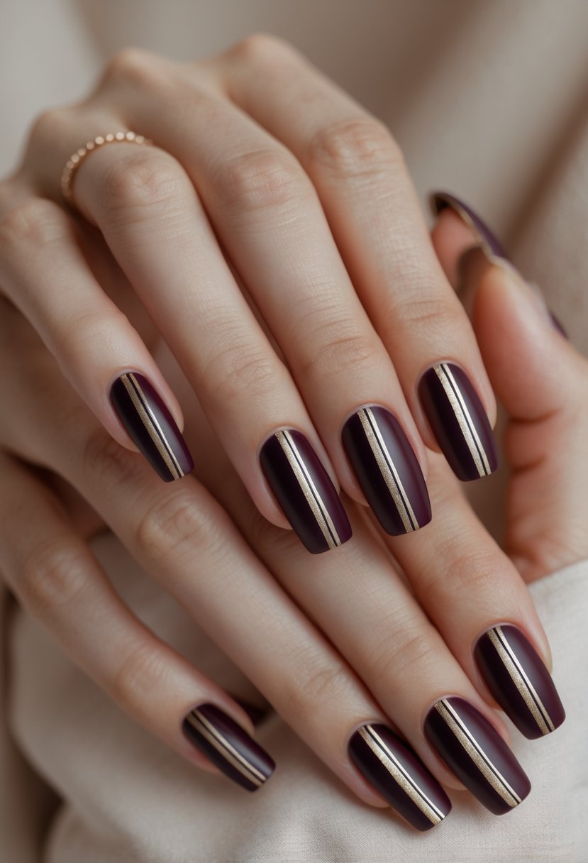 Close-up of hands with deep plum colored nails featuring metallic stripes.