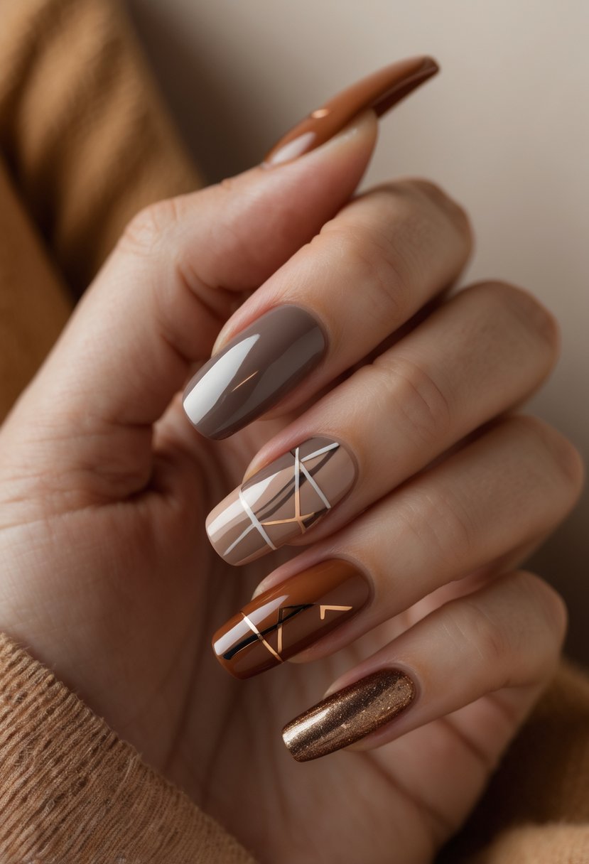 Close-up of a hand displaying 16 nails with taupe chrome and minimalist fall-themed designs.