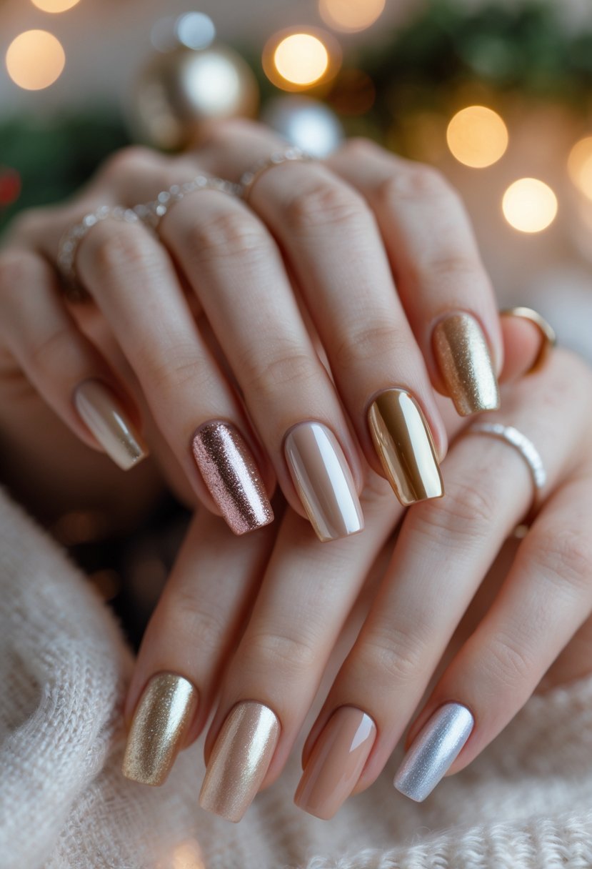 Close-up of hands with nails painted in various shimmery neutral Christmas colors against a festive background.