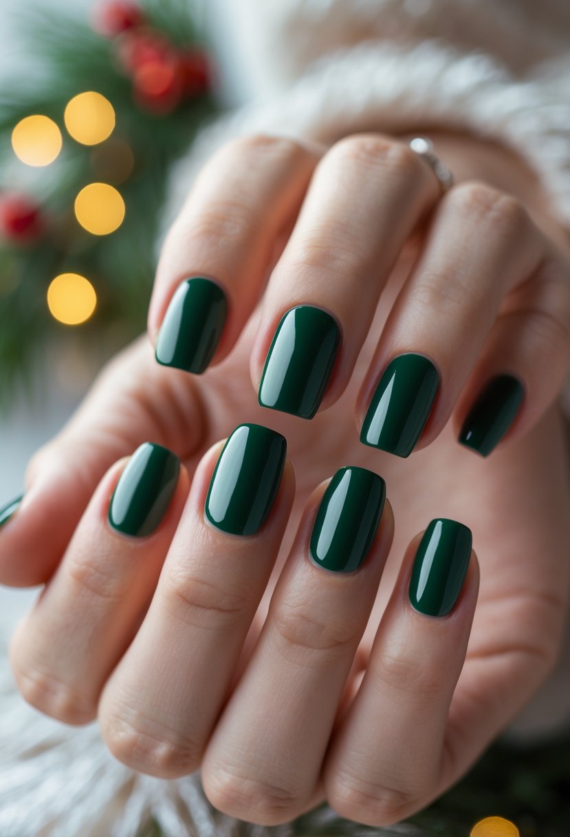 Close-up of hands with short deep green shiny nails against a soft background with subtle Christmas decorations.