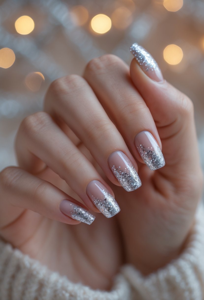 Close-up of hands with short nails featuring sparkling silver French tips decorated for Christmas.