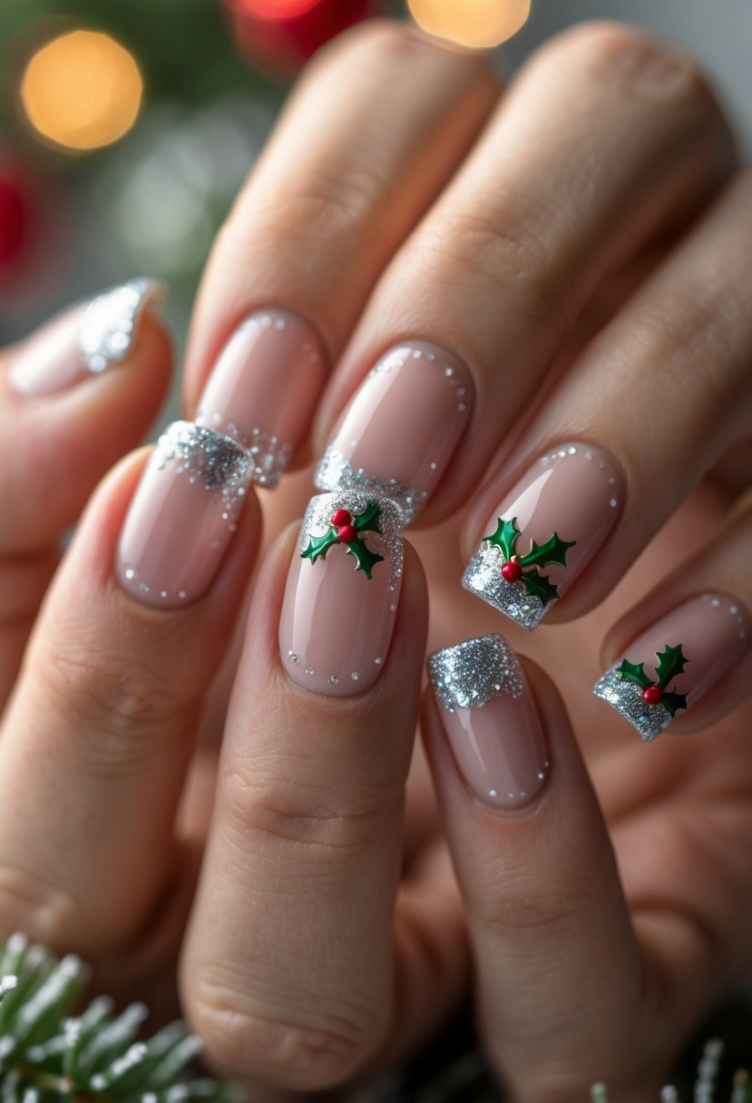 Close-up of a hand with glittery French manicure featuring red and green Christmas-themed nail art.